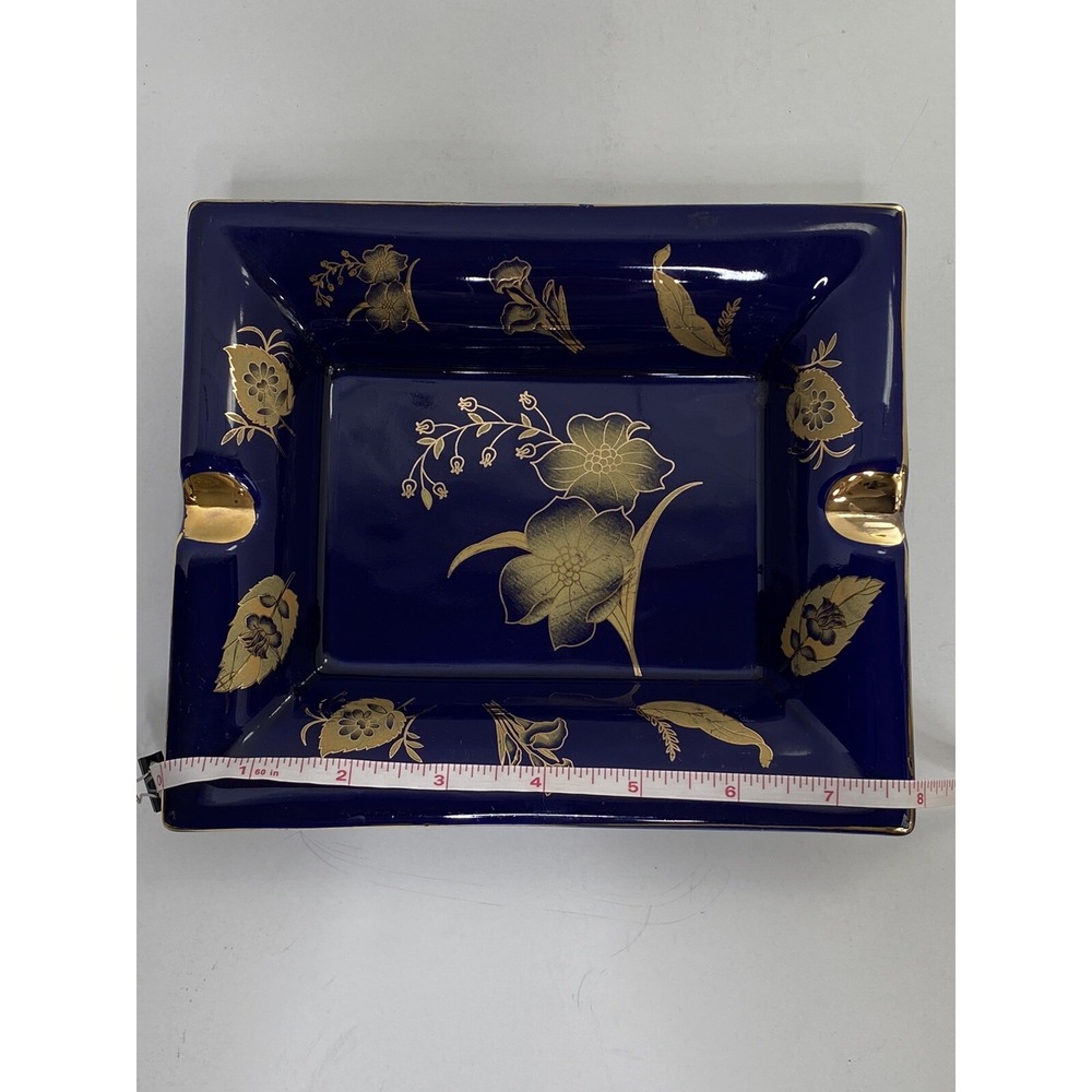 Cobalt Blue and Gold Floral Cigar Ashtray Rectangle Decorative 7.3/4 X 6.5 - Picture 2 of 5